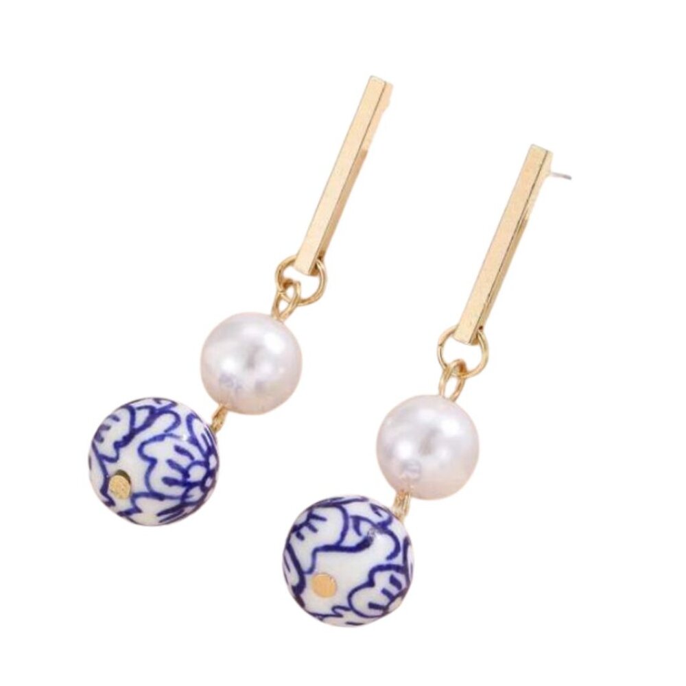 Blue Posy Pearl Dangle Earrings